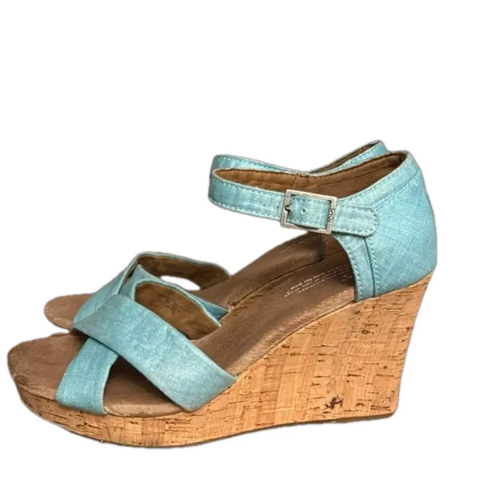 TOMS Shimmery Aqua Strappy Platform Cork Wedge Heels - Size 9.5